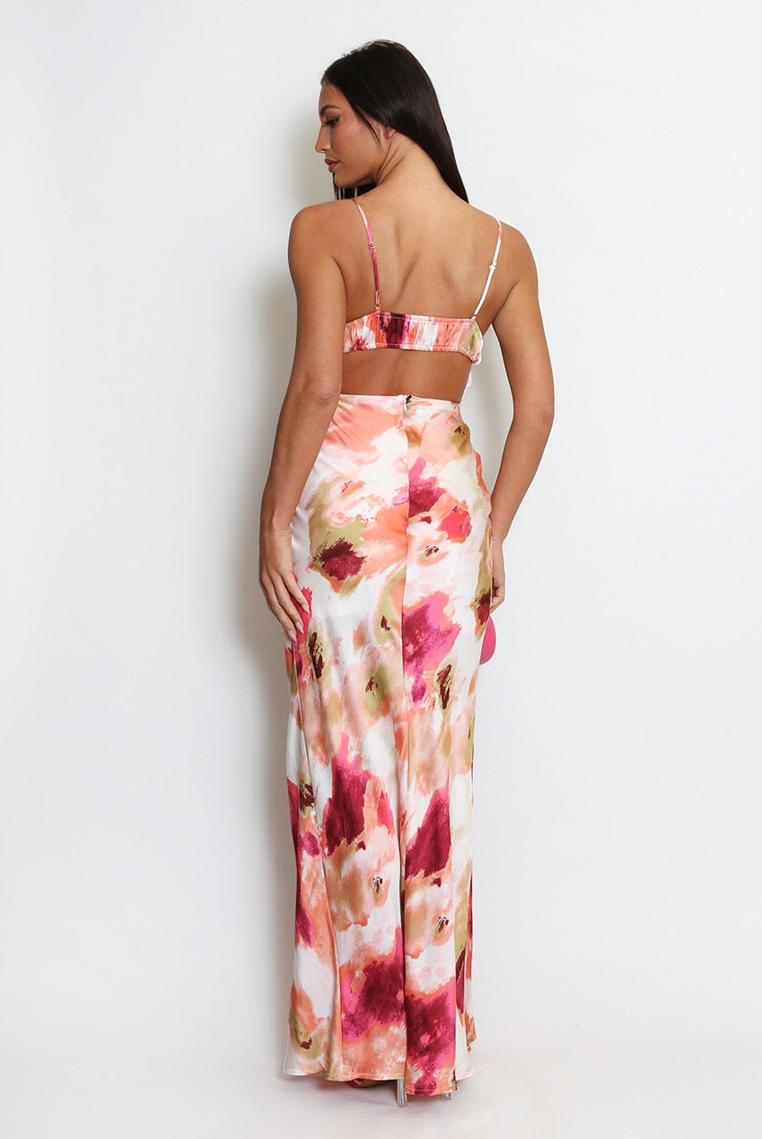 Watercolour Satin Cut Out Back Maxi Dress Rose