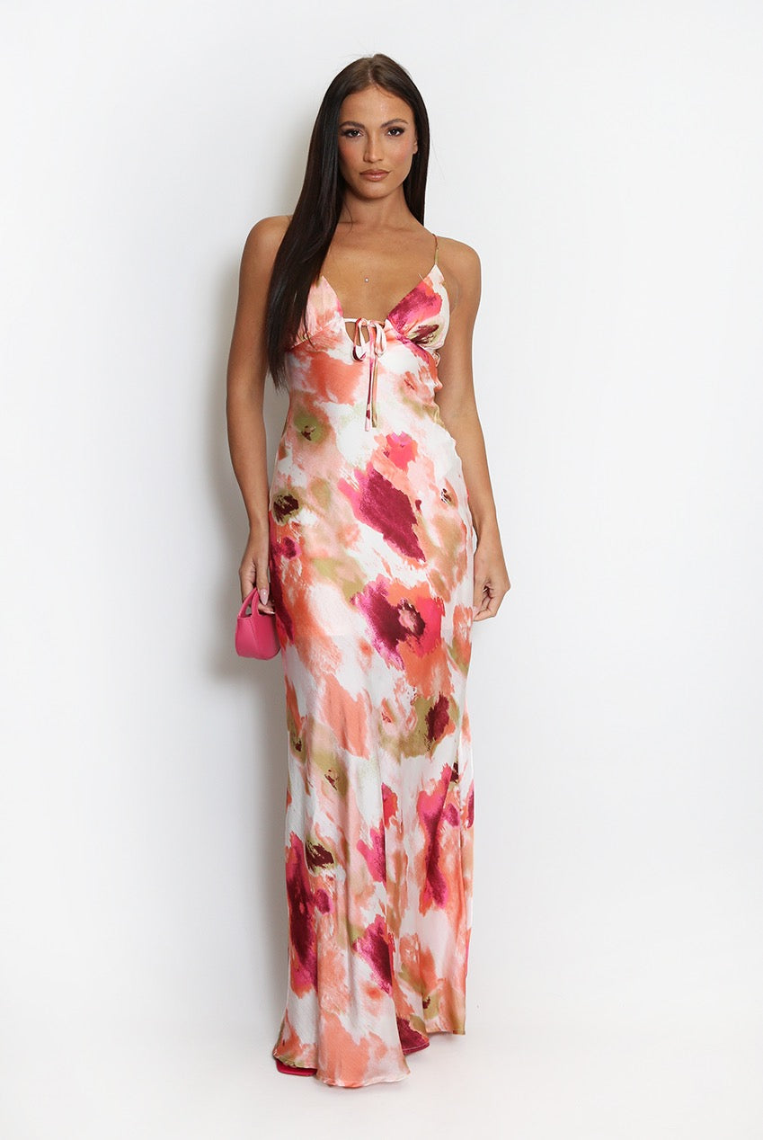 Watercolour Satin Cut Out Back Maxi Dress Rose