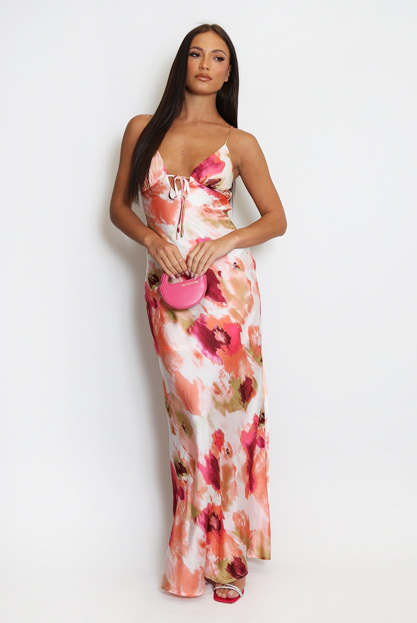 Watercolour Satin Cut Out Back Maxi Dress Rose