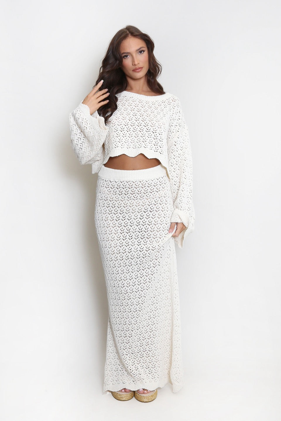 Crochet Top And Side Slit Maxi Skirt Set Ecru