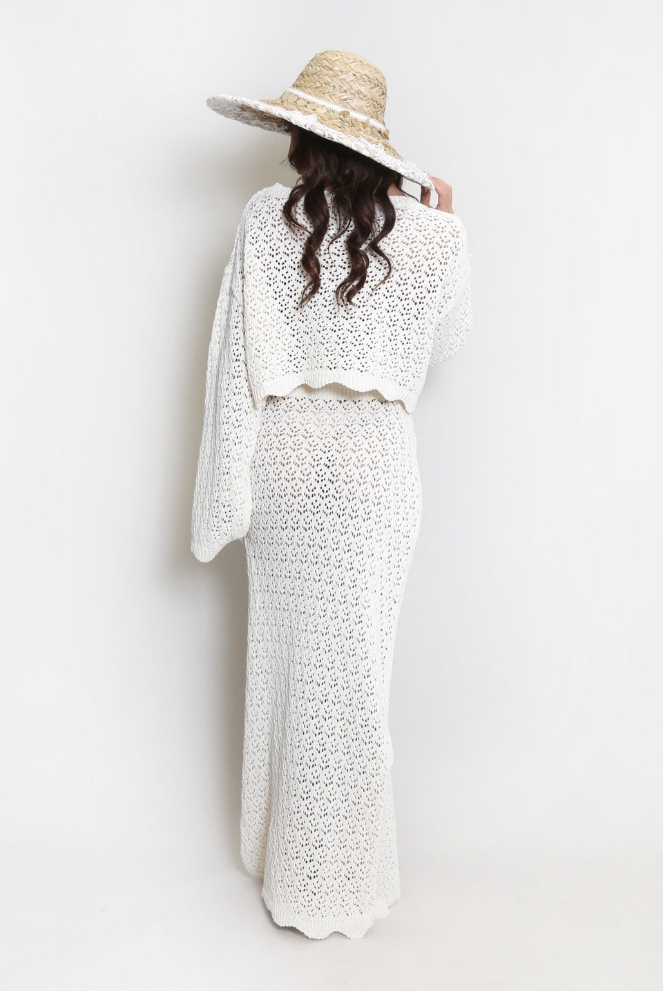 Crochet Top And Side Slit Maxi Skirt Set Ecru