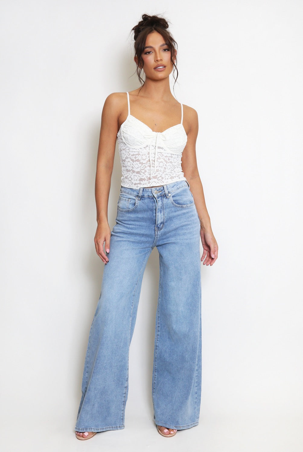 Floral Lace Pleated Crop Top Ecru